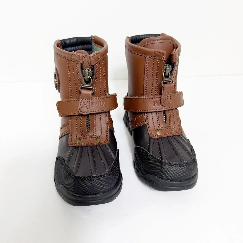Polo Ralph Lauren Kids Conquered Boots Kids Sz 10 Brown Black Leather Zip Winter